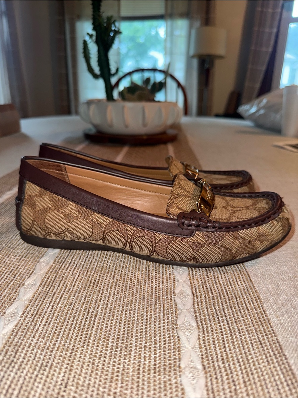 Coach Brown Signature Monogram Loafers with Gold Hardware